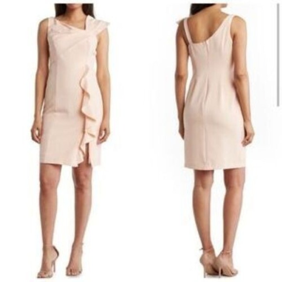 Marina Bow Shoulder Pleated Ruffled Split Lined Pink 10 Dress Minimalist Classic - Picture 1 of 12